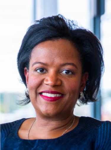 black woman with short straight hair and navy blue shirt