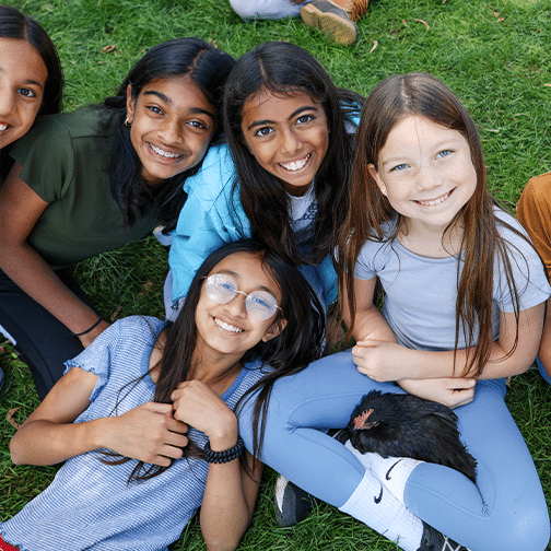 Six smiling students seated on the grass